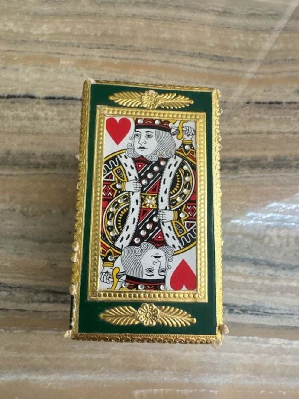 Vintage Playing Cards in Green/Gold Decorative Box with King of Hearts Cover